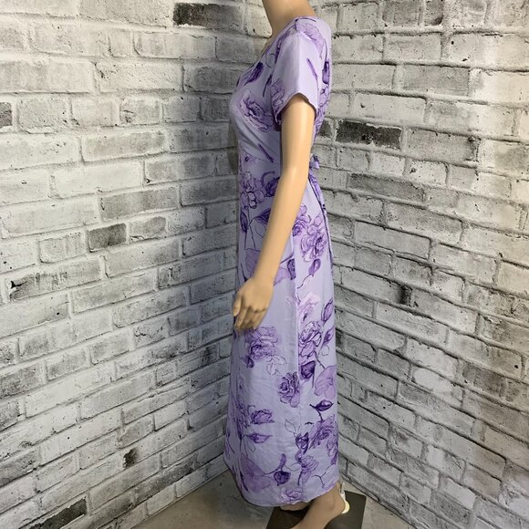 Vintage 90s Purple Floral Midi Dress Empire Waist Short Sleeve Tie Back - Picture 5 of 16
